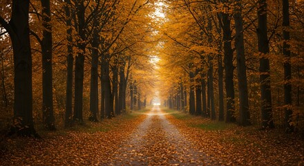Tree-Lined Path in Autumn Forest