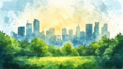 Tranquil Cityscape Sunrise Watercolor Painting of Urban Nature