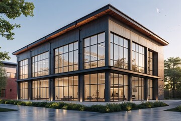Fototapeta premium Contemporary Warehouse Facade Featuring Large Windows and Modern Design