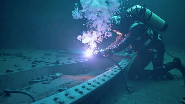 Experienced commercial diver in a specialized diving suit is welding a metal structure underwater, creating a shower of sparks and smoke