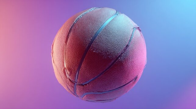 Basketball Floating in Air with Pink and Blue Gradient Lighting Studio Shot Sports Equipment