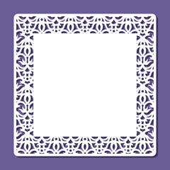 Form with openwork edge. Square sheet, certificate, blank for card, invitation, congratulations with floral pattern. Copy space, empty space for text. Template for plotter laser cutting of paper, cnc.