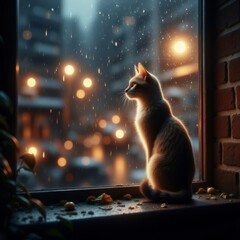 Cut cat sitting in a window looking at the Traffic outside  ` Ai 