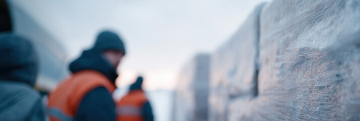 Workers in cold weather gear load wrapped pallets outdoors