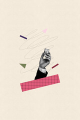 Banner pop collage of hand holding product earnings with messy lines on pastel background