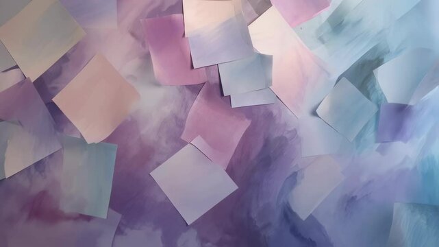 Multiple pastel colored sticky notes lie scattered across a vibrant canvas, creating a visually appealing arrangement with subtle movements