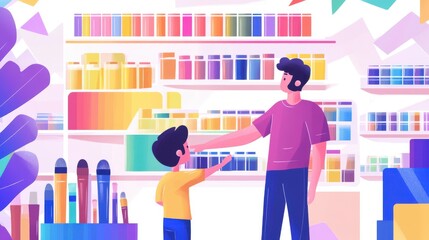 Father and son browse art supplies in colorful shop.