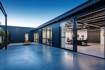 Obraz premium Sleek Warehouse Exterior with Compact Office Area and Striking Metal Features Against Azure Backdrop