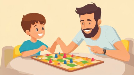 Father and son laugh while playing board game at home table.