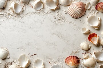 Beautifully Arranged Sea Shells on Sandy Beach Background for Coastal Decor, Marine Theme, or Nature Inspired Design Projects, Perfect for Summer Celebrations