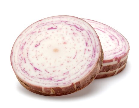 Sliced Taro Roots Displaying Purple Swirls Against White Background