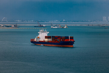 shipping container carrier container sailing in sea, global business and industry delivery service of cargo logistics import export of international by ship freight,