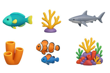 Naklejka premium Marine life 3d icons set – ocean, aquatic, sea creatures symbols collection