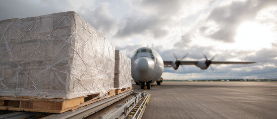 Cargo pallets on runway with aircraft in background