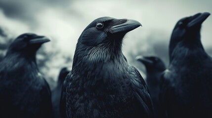 Fototapeta premium Shadowy birds swarm under storm clouds, feathers faintly glowing. A haunting omen of unseen forces gathering.