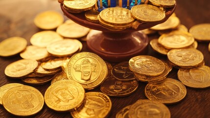 Golden coins on wooden surface