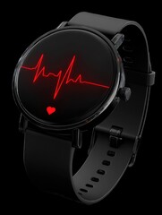 Smartwatch displaying heart rate monitor in studio shot on black background for health and fitness tracking with modern design and technology