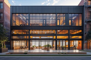Obraz premium Urban Warehouse Transformation with Collaborative Office Space and Modern Design Elements