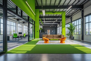 Contemporary Warehouse Design Featuring Office Space and Lush Green Accents