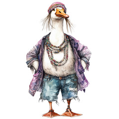 Hippie duck in sunglasses with hippie love beads, dressed in jeans jacket. Png, isolated element with transparent background. Fashion animal, artwork for tshirt, poster, wallpaper, print	
