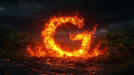 Fototapeta premium Fiery G letter on a dark riverbed