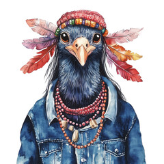 Hippie turkey in sunglasses with hippie love beads, dressed in jeans jacket. Png, isolated element with transparent background. Fashion animal, artwork for tshirt, poster, wallpaper, print	
