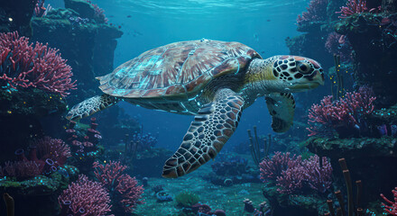Obraz premium Majestic Sea Turtle Gliding Through Vibrant Coral Reef Ecosystems