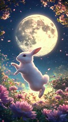 Whimsical white rabbit leaps amid moonlit flowers