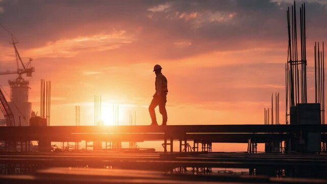 A solitary construction worker stands silhouetted against a vibrant sunrise at a construction site, a symbol of determination, hard work.