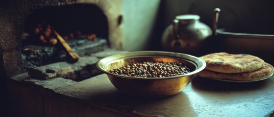 Rustic kitchen setting with a brass bowl of lentils and golden naan, evokes warmth and tradition, bathed in soft light from a nearby oven.