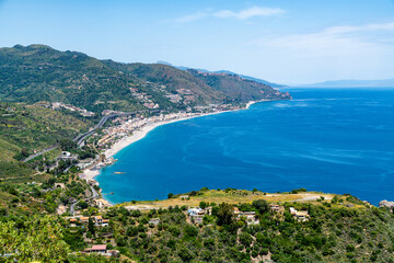 Panoramic coastal hills and roads near Taormina