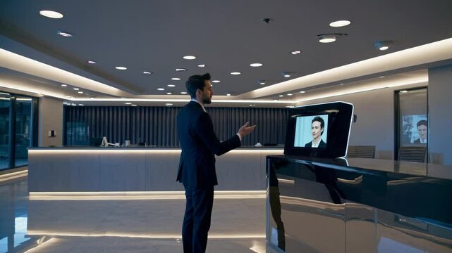 Businessman uses AI kiosk for seamless check in at modern hotel reception, featuring advanced design and technology