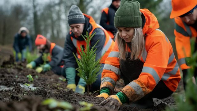 Planting saplings for reforestation in a lush green landscape with dedicated volunteers working together