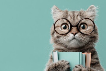 Cat wearing glasses with books