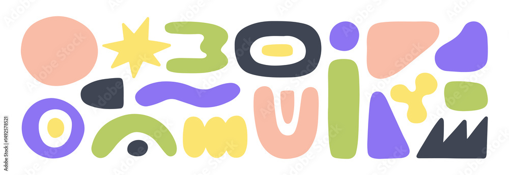 Poster abstract doodle-style shapes set. creative quirky rounded curves, irregular geometric organic forms,