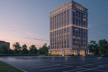 Obraz premium Classic Design Office Tower with Secluded Parking Lot at Dusk in Serene Urban Environment