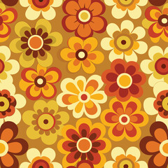 Seamless 70s style retro flower print vector illustration. Vintage floral pattern with bold colors and groovy shapes

