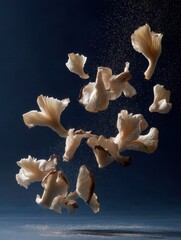 Fototapeta premium Delicate mushroom petals gracefully suspended in a striking visual arrangement against a dark background