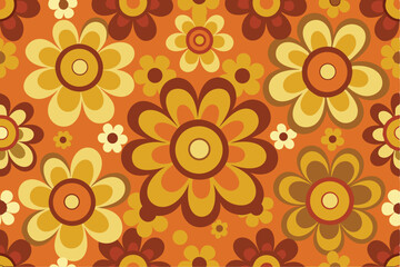 Seamless 70s style retro flower print vector illustration. Vintage floral pattern with bold colors and groovy shapes   © azad