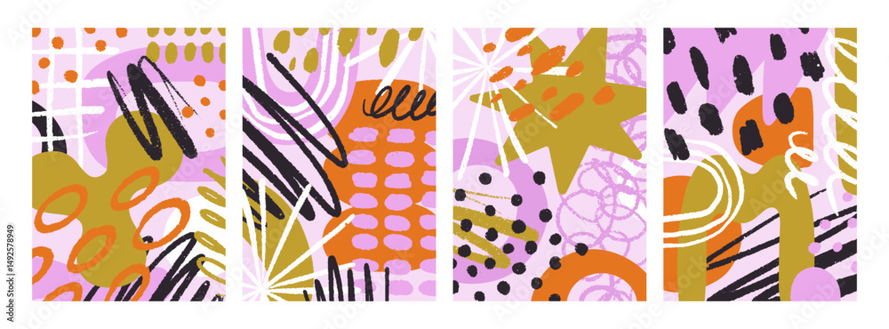 Poster abstract doodle poster designs set. vertical card backgrounds with scribble, squiggle, dot elements 