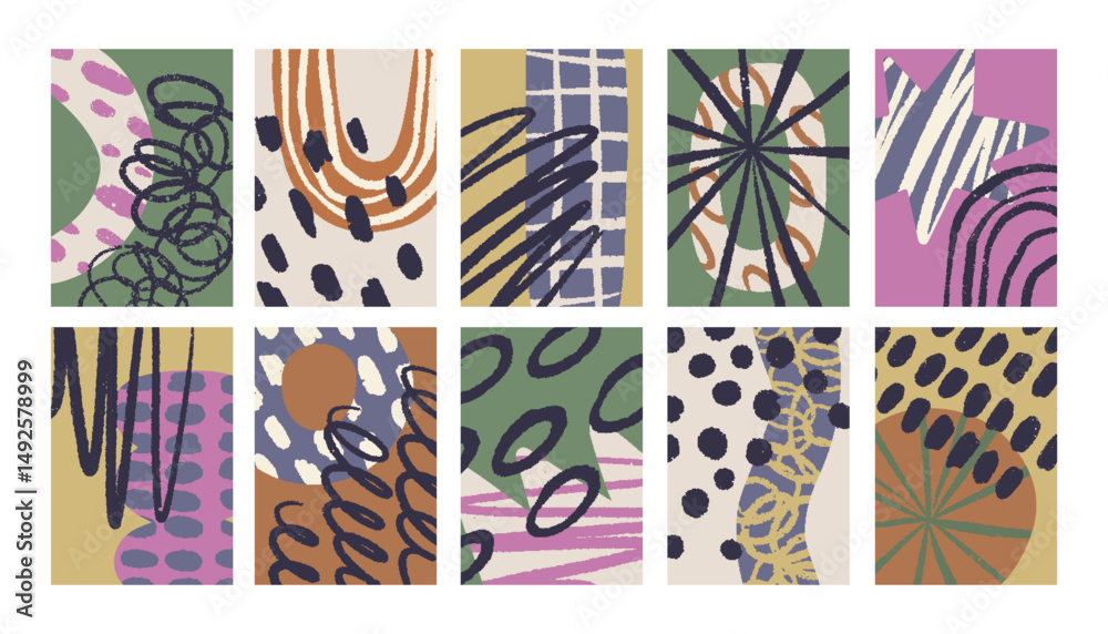 Aufkleber Modern abstract doodle posters set. Trendy style backgrounds with scribbles, organic shapes, dots, random freehand strokes. Dynamic patterns, textured cards. Colored flat vector illustrations
