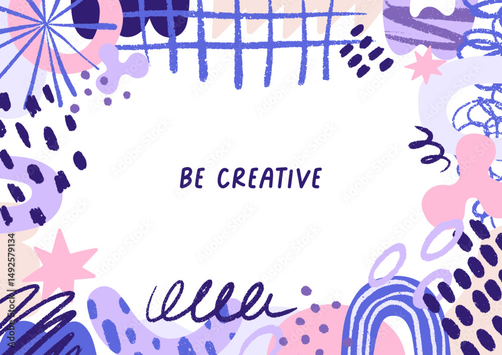 Poster Abstract doodle-style frame design. Modern background with hand-drawn pattern, scribbles, splatters, blobs, creative organic shapes, dots, random elements and strokes. Flat vector illustration
