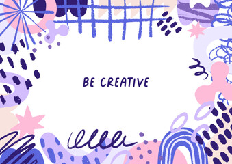 Obraz premium Abstract doodle-style frame design. Modern background with hand-drawn pattern, scribbles, splatters, blobs, creative organic shapes, dots, random elements and strokes. Flat vector illustration