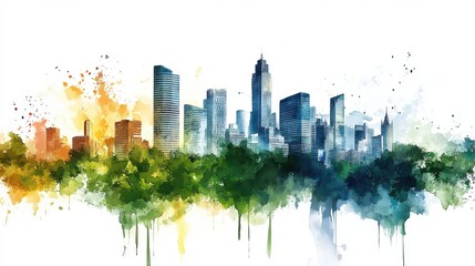 Obraz premium Vibrant Watercolor Cityscape Illustration with Modern Buildings and Lush Green Trees