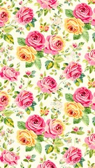 Floral Pattern with Pink and Yellow Rose Flower and Green Leaf Seamless Background
