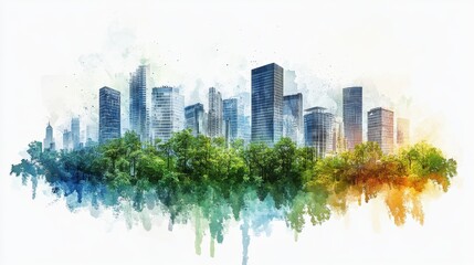 Obraz premium Vibrant Watercolor Cityscape with Lush Green Trees