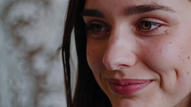 Young woman with dimpled cheeks gazing reflectively, capturing bittersweet emotions through nuanced facial expression and depth of feeling