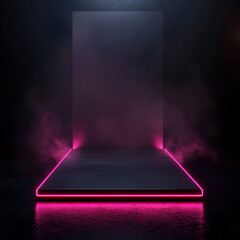 Neon Stage in Dark Room with Smoke