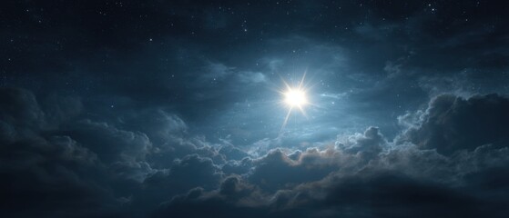 Fototapeta premium Starry Night Sky with Clouds and Bright Star Shining Above Dramatic Cloudscape Celestial View Nature Photography