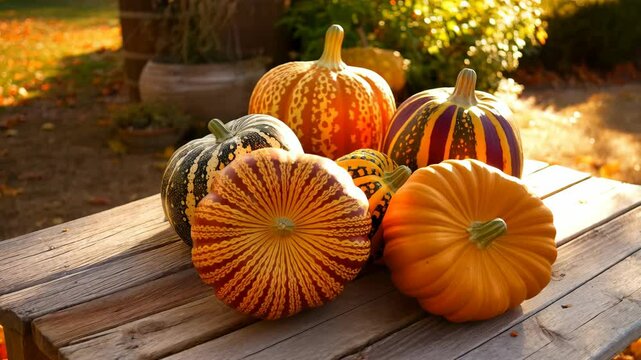 Assortment of colorful gourds and pumpkins on rustic wooden bench in autumnal light for seasonal holiday celebrations and harvest themes